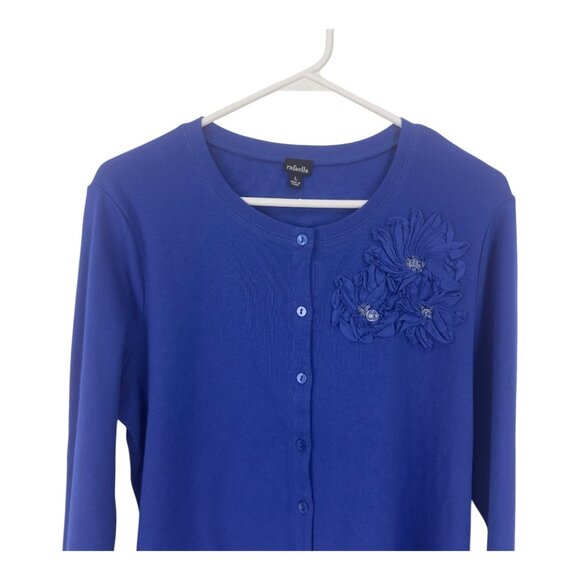 Rafaella Women Blue Button-Up Cardigan Floral Applique Design SZ L  Cotton Blend - Picture 3 of 12